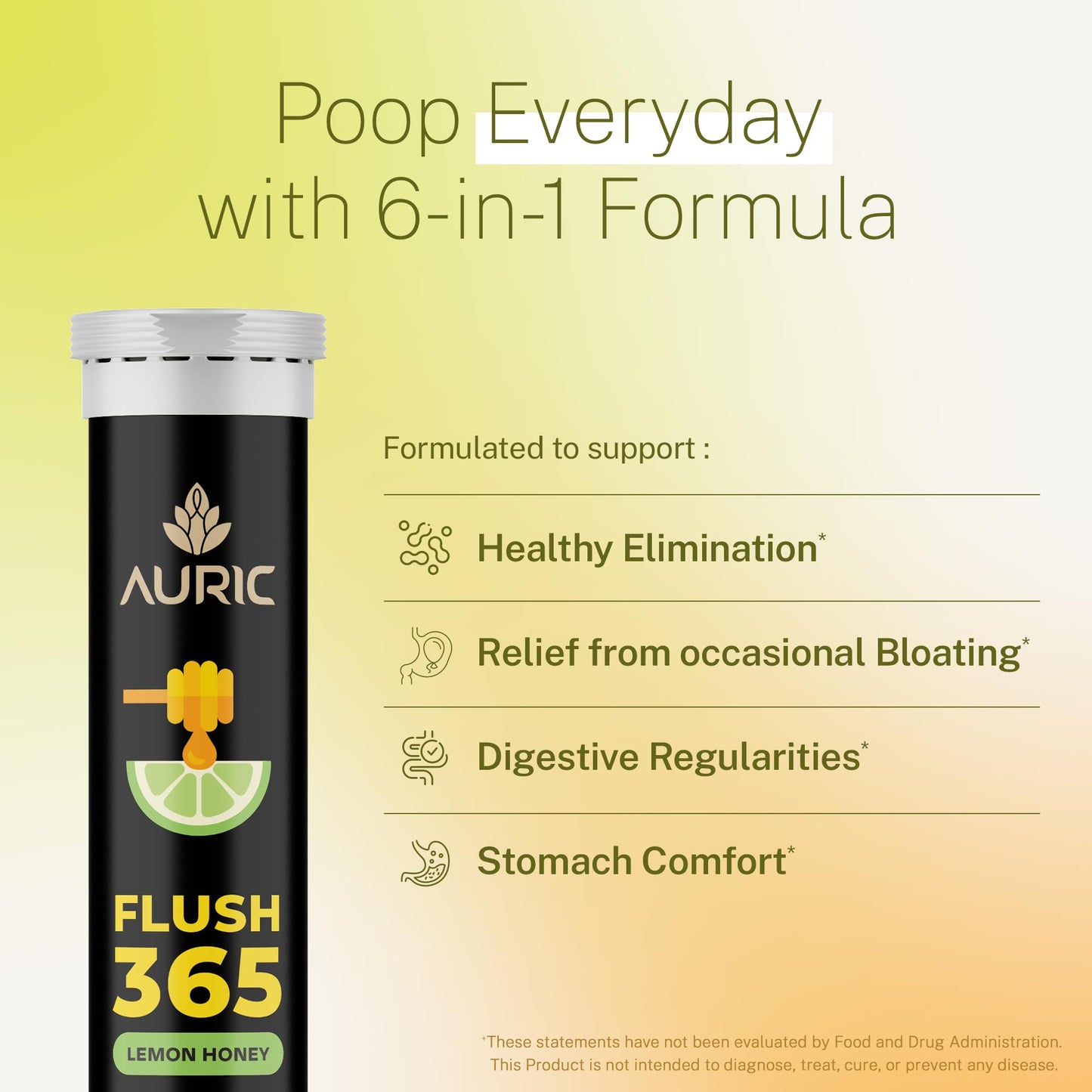Auric Flush 365 Effervescent 20 Tablets with Triphala, Isabgol, Castor Oil & Senna | Honey Lemon Flavor | Plant-Based Supplement