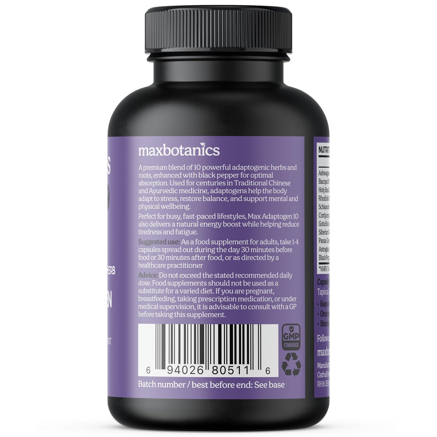 Max Botanics Max Adaptogen 10 Balance, Fatigue, Energy Boost & Stress Support 10-Herb Adaptogen High Strength Mushroom Blend with Ashwagandha, Rhodiola & Ginseng Natural Vegan UK Made (120 Capsules)