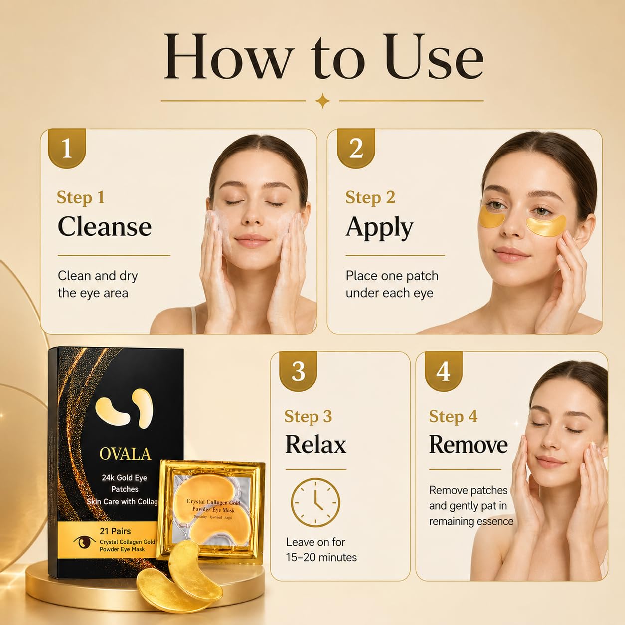 OVALA 21 Pairs Gold Eye Mask Collagen Eye Gel Pads Under Eye Mask for Puffiness and Dark Circle Under Eye Patches for Women and Men, 24k Gold (21 Pairs Boxed)