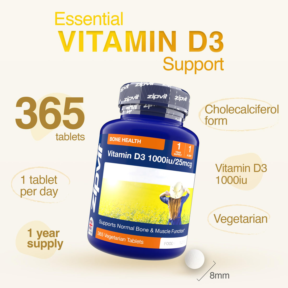 Zipvit Vitamin D 1000IU, 1 Year Supply, 365 Vegetarian D3 Tablets, High Absorption, Easy-to-Swallow Vitamin D Tablets for Immune, Bone & Muscle Health