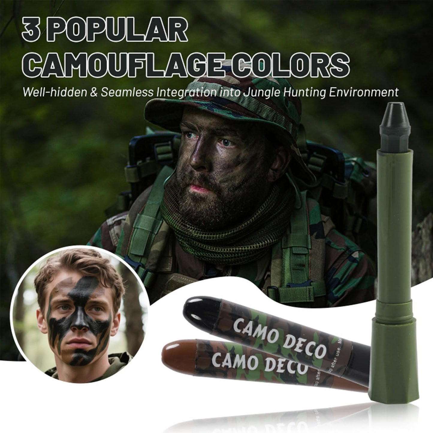 Mikloven 3-Color Camo Face Paint Sticks (Brown, Black, Green), Waterproof Hunting Face Paint, Rotating Wax Design, Skin-Friendly, Easy Application for Outdoor & Tactical Use