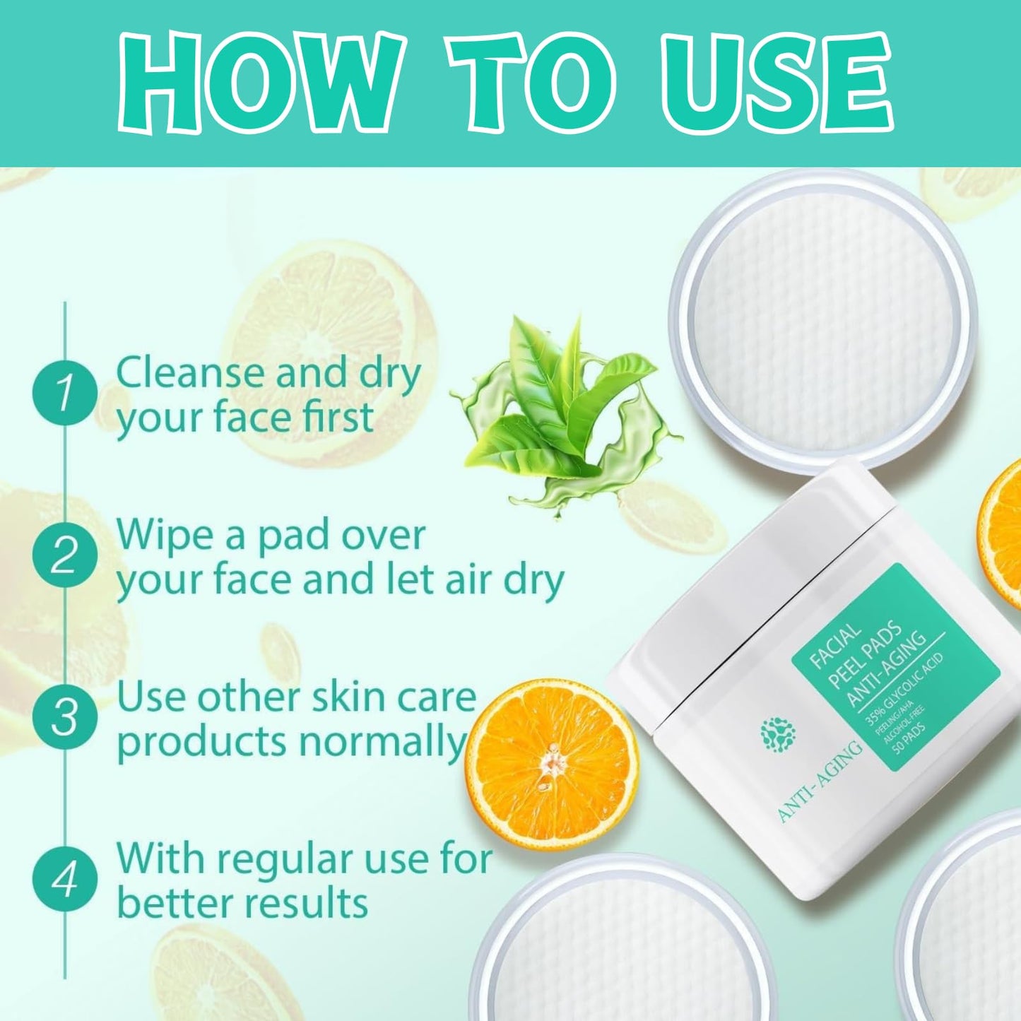 Trendyfave 50 Pads Anti-Aging Glycolic Acid Resurfacing Pads 35%, Glycolic Acid Pads for Face and Body, Exfoliating Face Pads with Vitamins B5, C & E, Green Tea, Glycolic Acid Face Wash for Cleansing Peeling