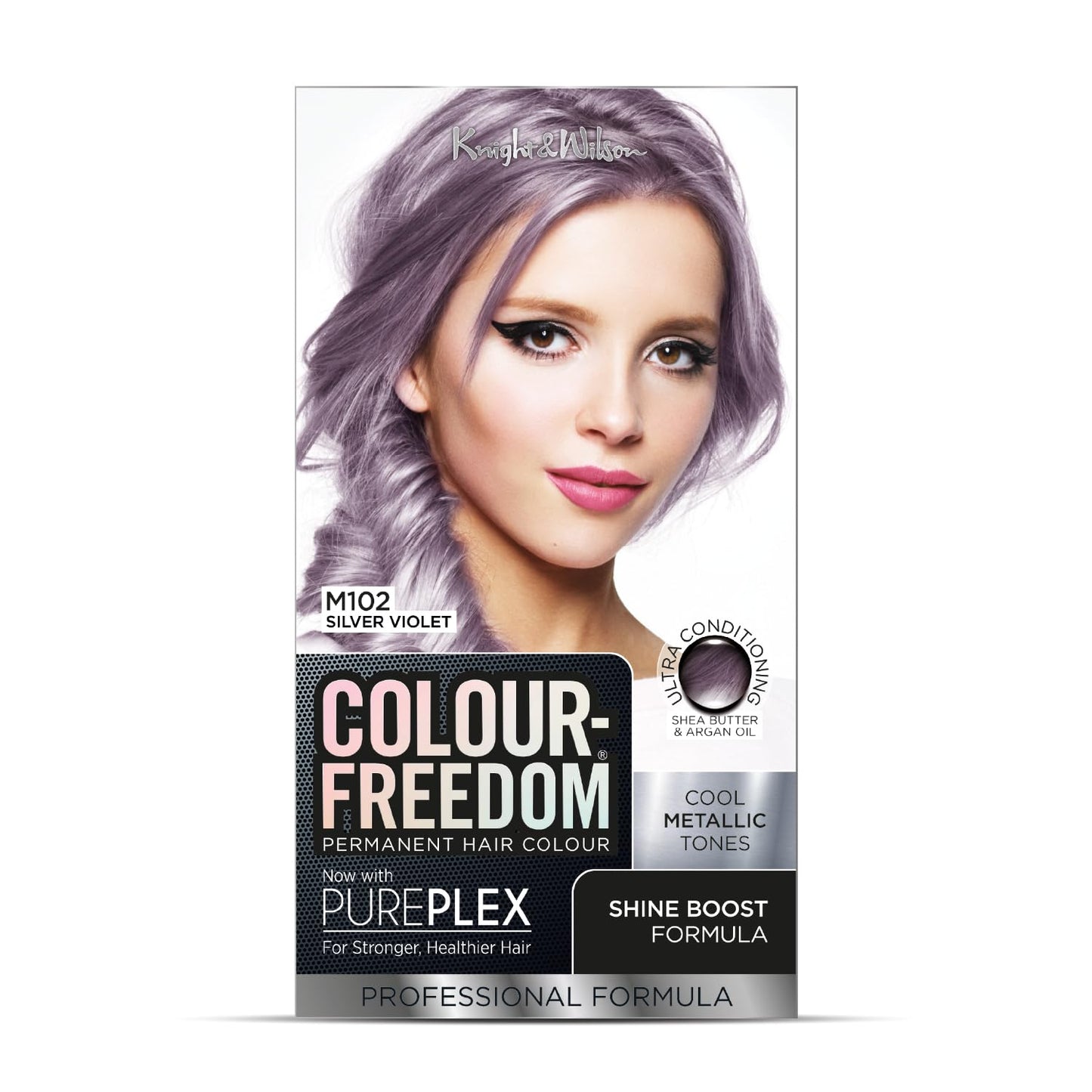 Colour Freedom Metallic Silver Violet Permanent Hair Dye with PurePlex. Ultra Glossy Conditioning Hair Colour. 100% grey coverage. By Knight & Wilson.