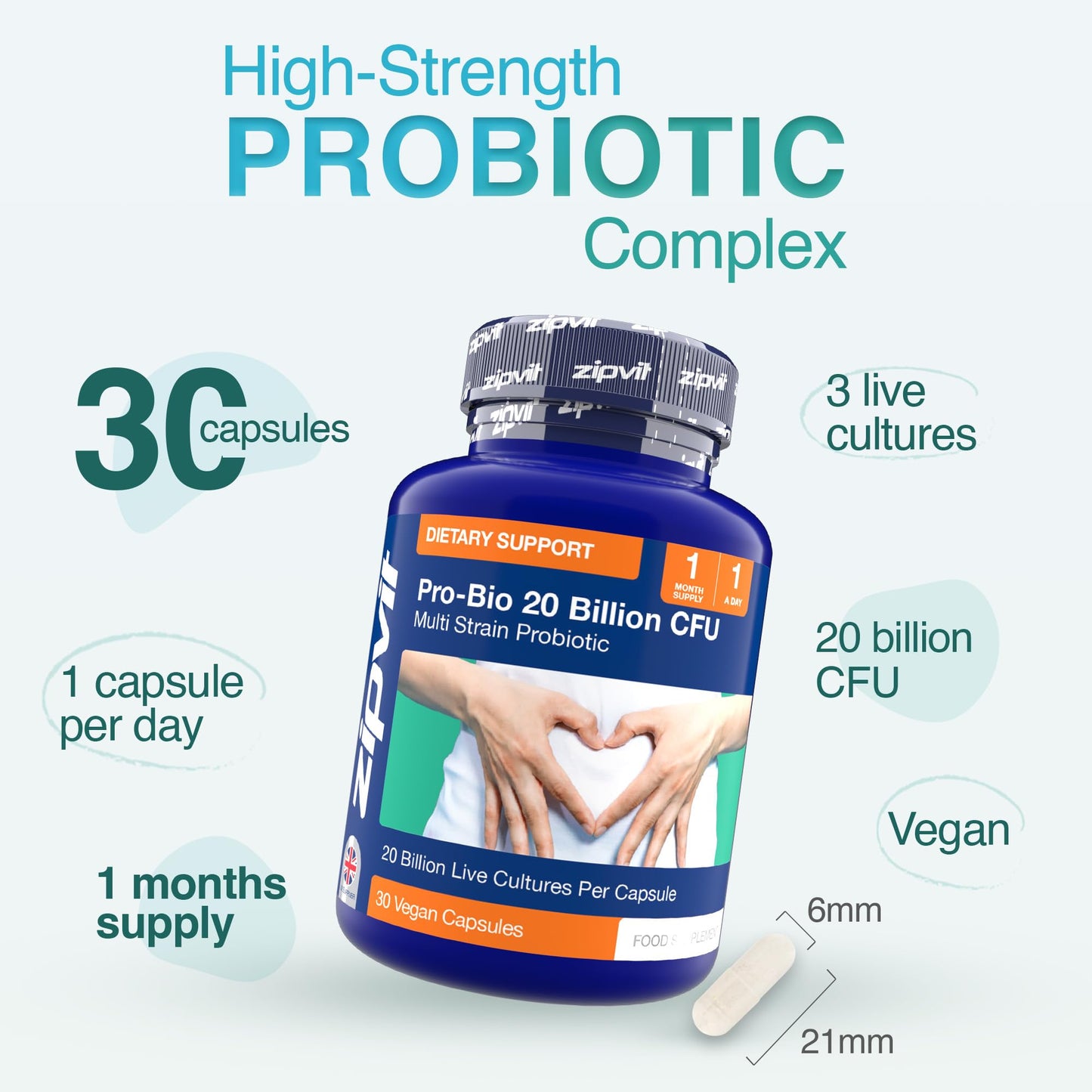Zipvit Pro Bio 20 Billion CFU Probiotics for Gut Health, High Strength, 30 Vegan Probiotic Capsules for Men & Women, 3 Live Bacterial Cultures, Lactobacillus & Bifidobacterium Animalis