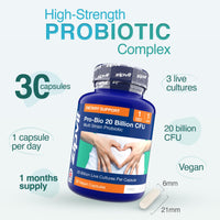 Zipvit Pro Bio 20 Billion CFU Probiotics for Gut Health, High Strength, 30 Vegan Probiotic Capsules for Men & Women, 3 Live Bacterial Cultures, Lactobacillus & Bifidobacterium Animalis