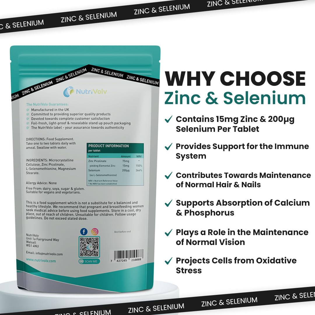 Zinc 15mg & Selenium 200mcg | 120 Tablets | Zinc Picolinate & Selenomethionine (Most Bioavailable Form) | Immune Support | by NutriVolv