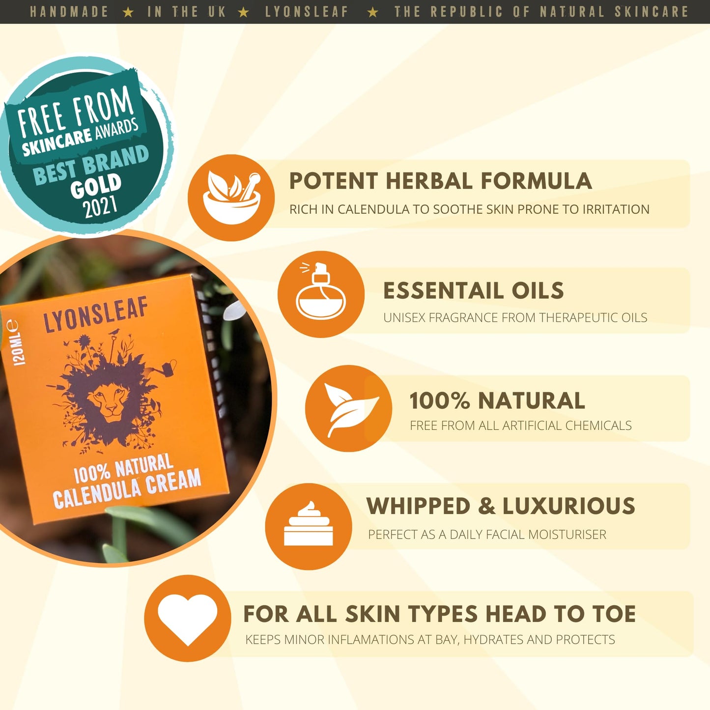 Lyonsleaf Calendula Cream 30ml - 100% Natural, Pure, Soothing Emollient Whipped and Luxurious, Fragranced with Essential Oils