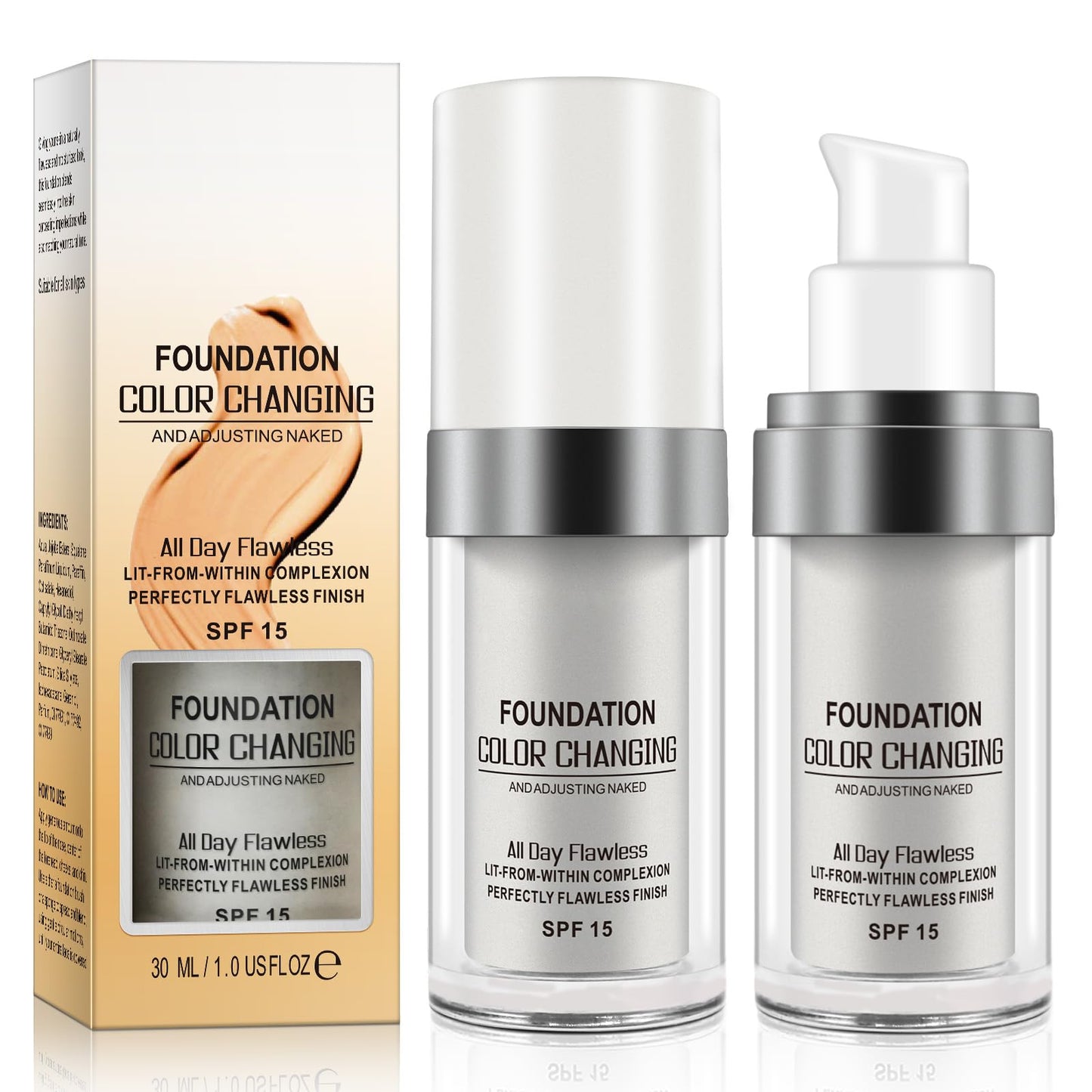 HEXIN TLM Color Changing Foundation, Colour Changing Foundation for Mature Skin, Long Lasting Waterproof Makeup Base Nude Face Cover Concealer Cream SPF (30 ml,2 Pack)