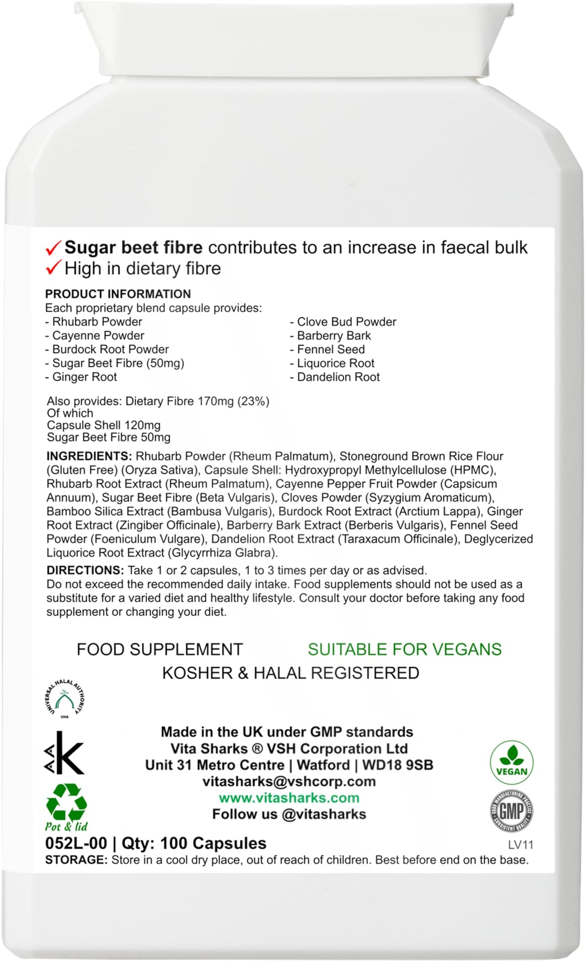 Vita Sharks VitaCol Cleanse & Clear Herba 12 - Fibre Enriched Vegetarian Herbal Colon Cleansing Formula. Increase Faecal Bulk with 12+ Kosher Herbal Ingredients