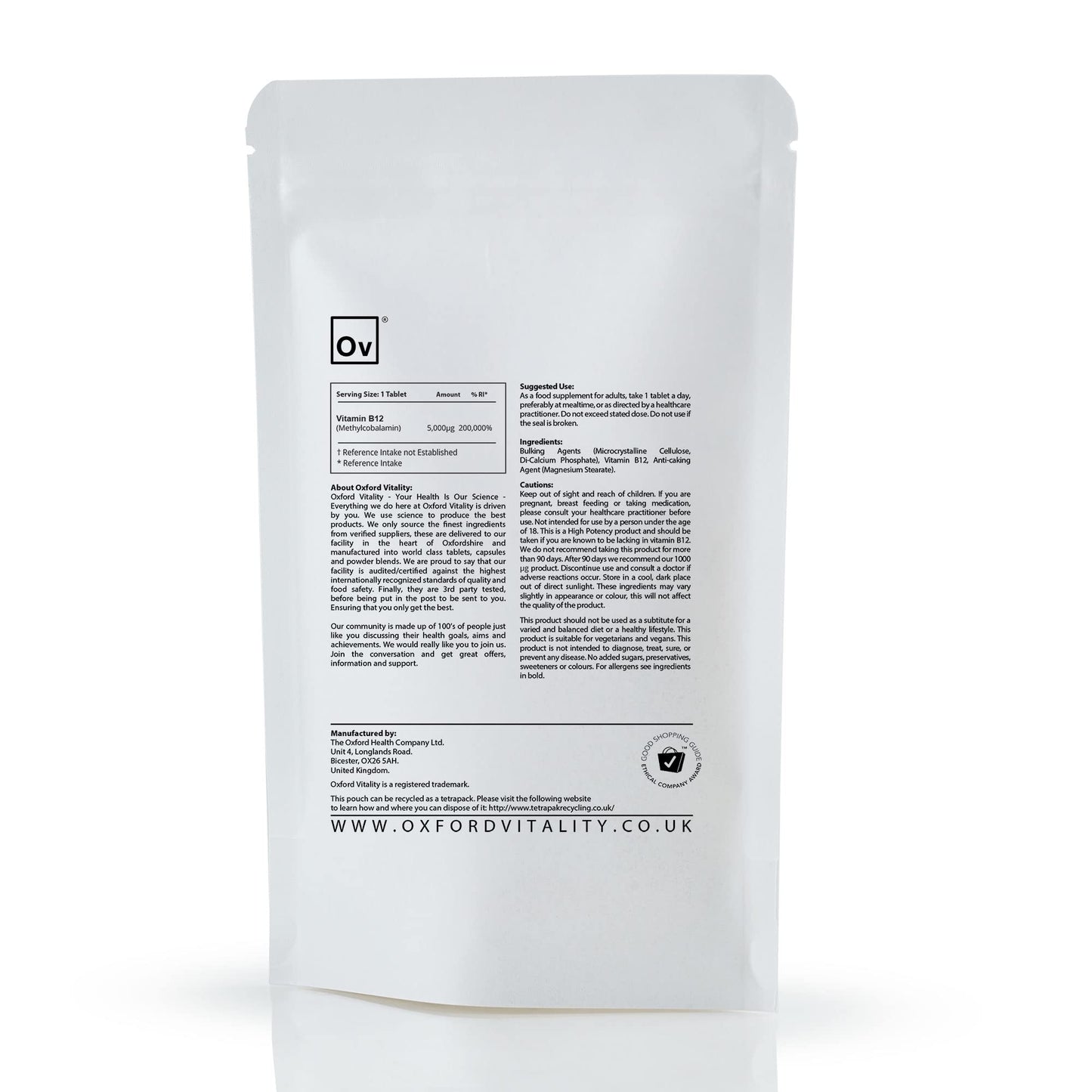 Vitamin B12 Tablet | 5000mcg High Strength Methylcobalamin Supplement for Vegans, Vegetarians, Energy & General Health | Oxford Vitality