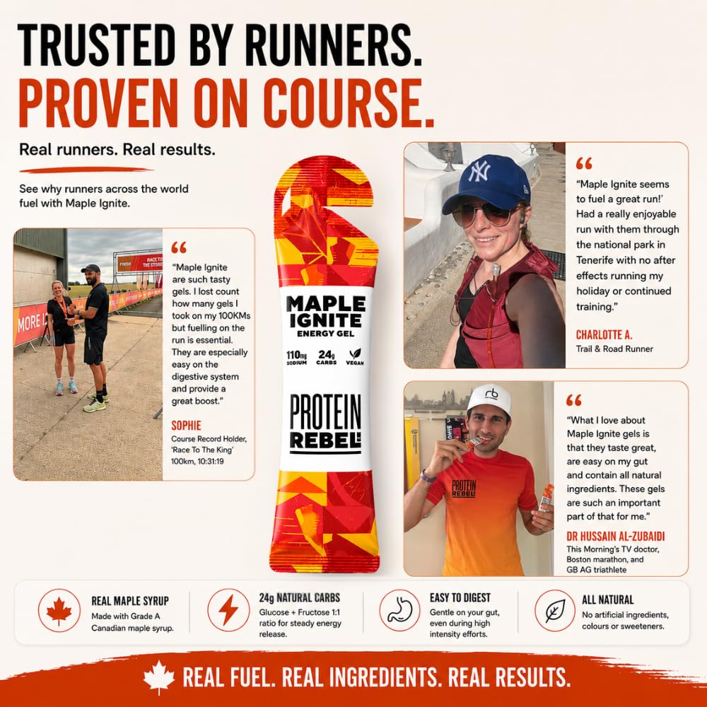 Maple Ignite - Natural Energy Gels with Grade A Canadian Maple Syrup for Running, Cycling & Endurance by Protein Rebel - Easy to Digest Running Gels - 24g Carbs, Electrolytes (8 Sachets)