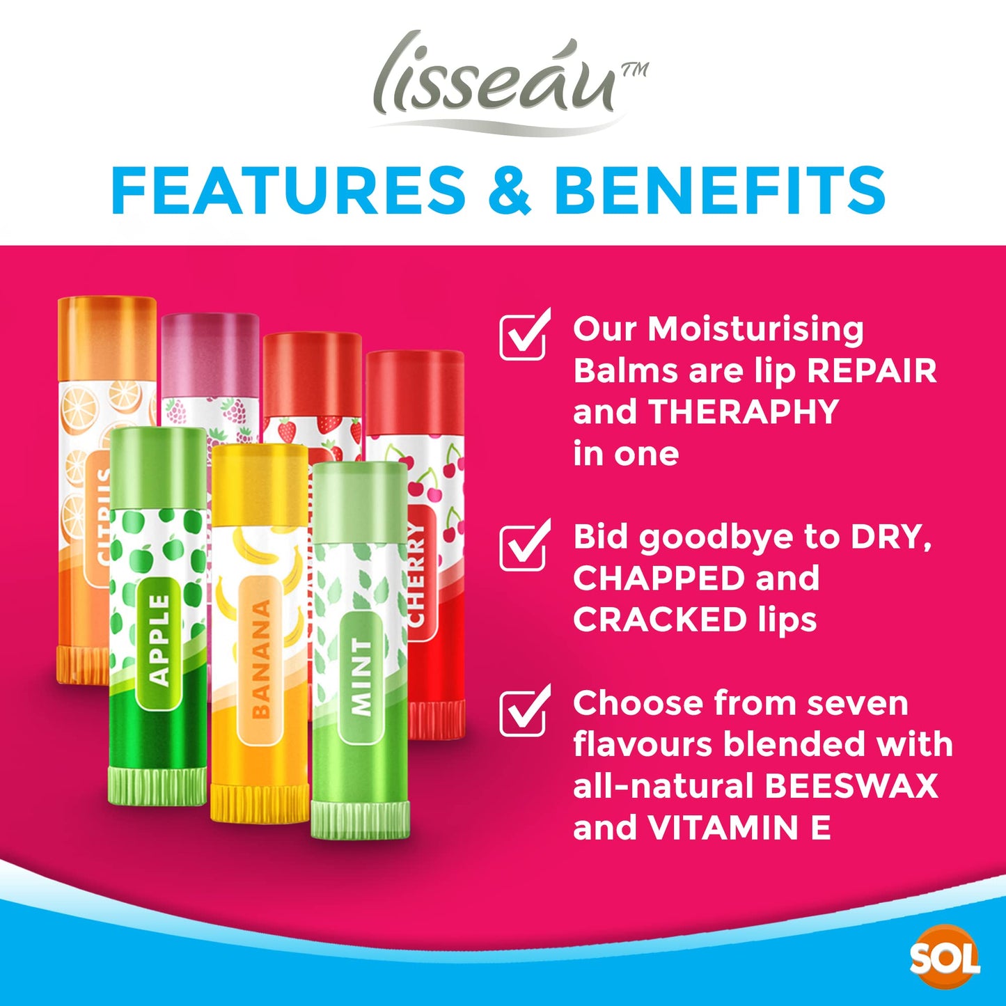 SOL 14pk Lip Balm Set | Flavoured Lip Balms with Beeswax and Vitamin E | Moisturising Lip Balm Multipack | Protect & Hydrate Beeswax Lip Balm Stick | Lip Balms | Lipbalm | Lip Moisturiser | Girls Lip Balm