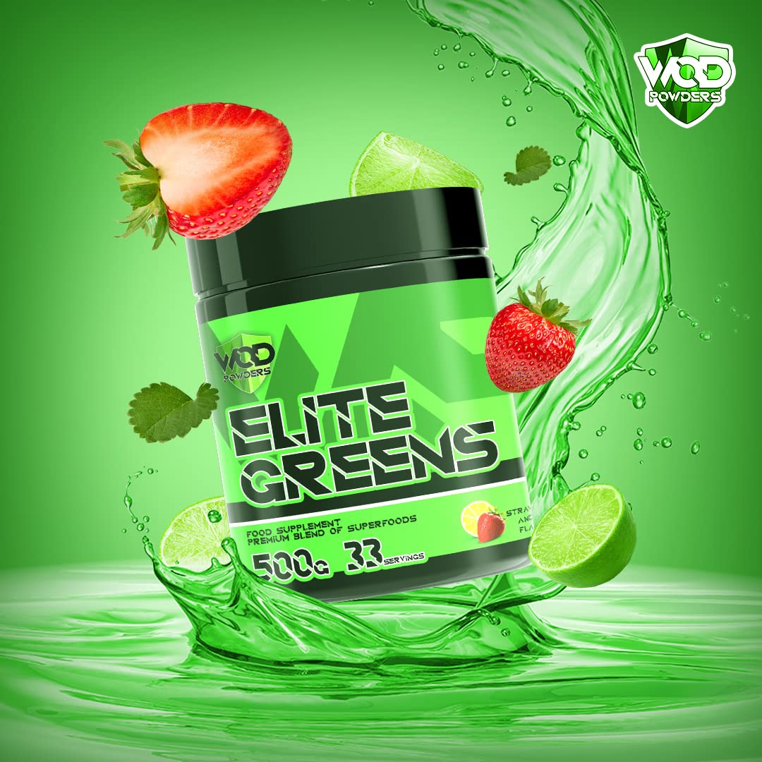 Hellenia Elite Greens Superfood - WOD Powders | 34 Vegan Superfoods and Natural Ingredients, Green and Red Fruits, Berries,Vegetables, Prebiotics & Digestive Enzymes - 500g (Strawberry & Lime)