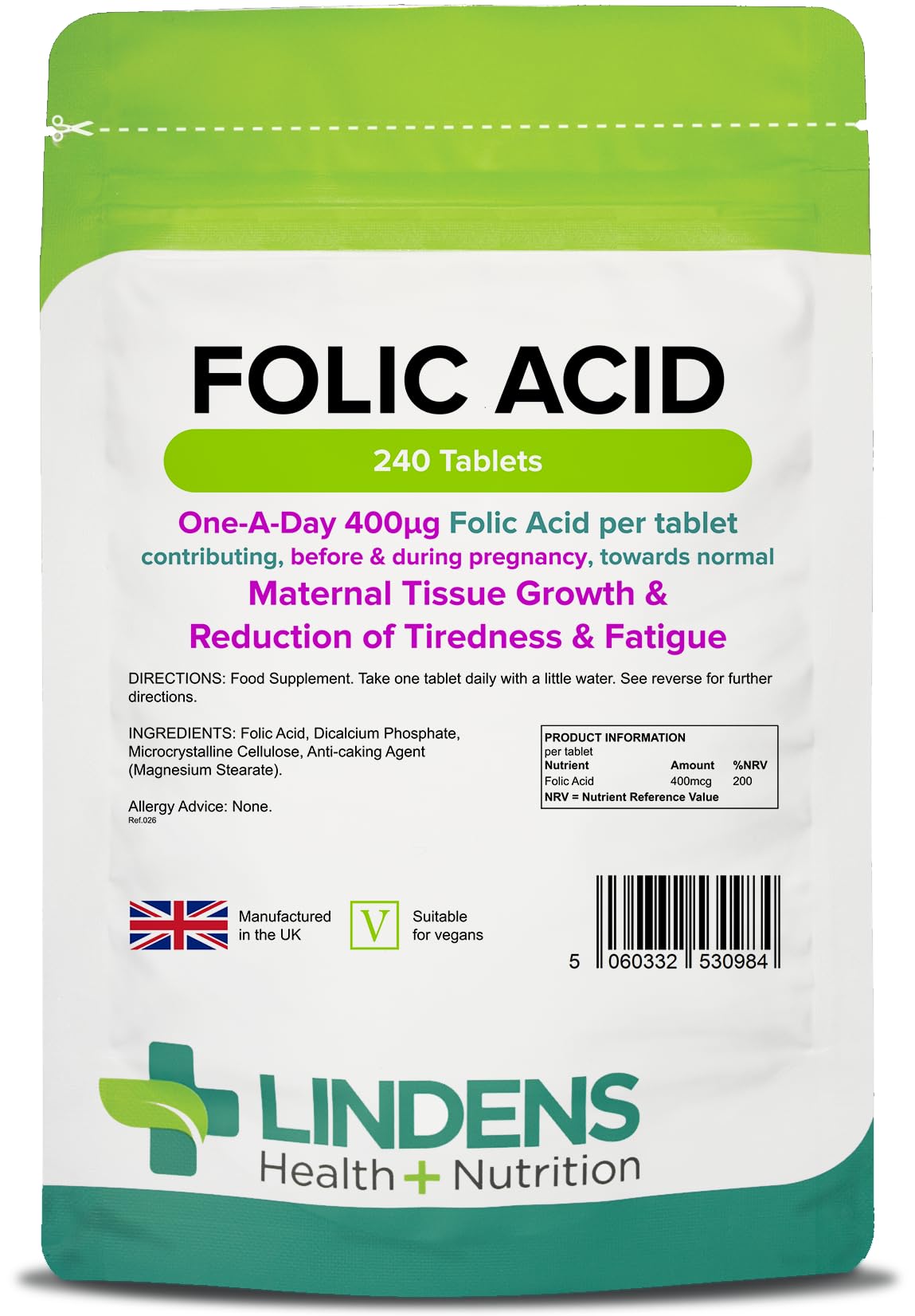Lindens Folic Acid 400mcg - 240 Vegan Tablets - Pregnancy, UK Made to GMP | Immune Health, Energy and Vitality, Blood Formation, Psychological Function, Amino Acid | Made in the UK, Letterbox Friendly