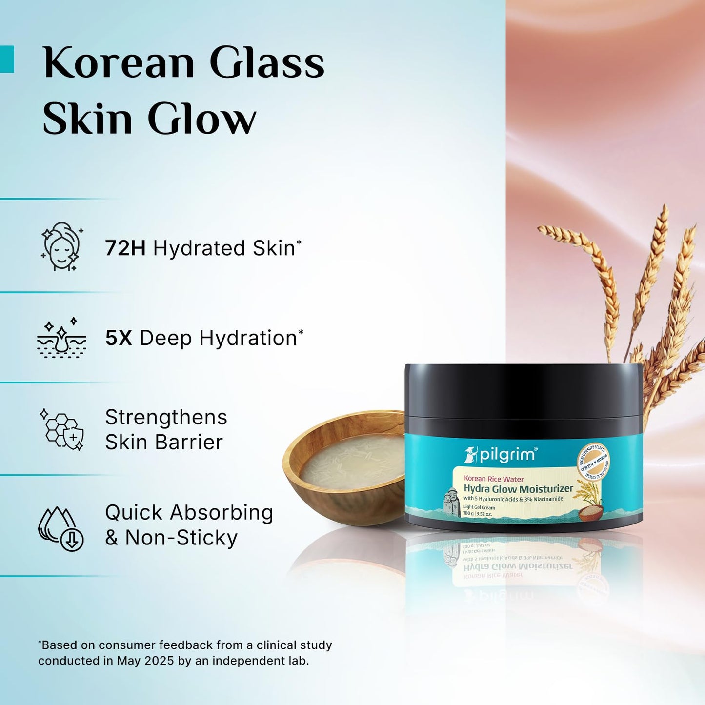 Pilgrim Korean Rice Water Hydra Glow Moisturizer 100Gm with 5 Hyaluronic Acids, 3% Niacinamide, 5 Ceramides | 5x Hydration & Instant Glass Skin | Oil-Free, Lightweight Gel | For Women & Men
