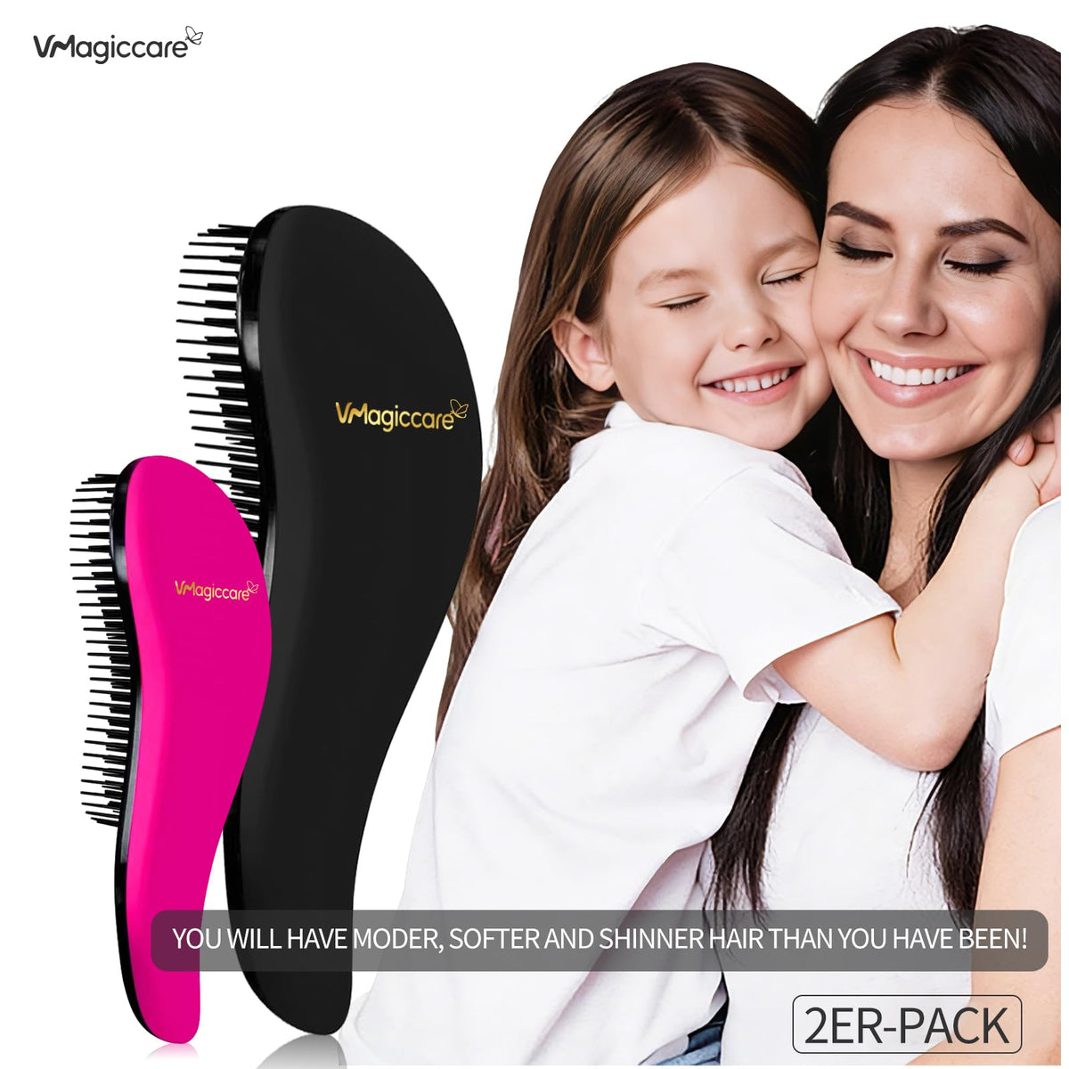 VMAGIC CARE Detangling Brush - Glide Through Tangled Hair - Best Brush for Women, Girls, Men & Boys - Wet & Dry Use (Black & Rose Red)