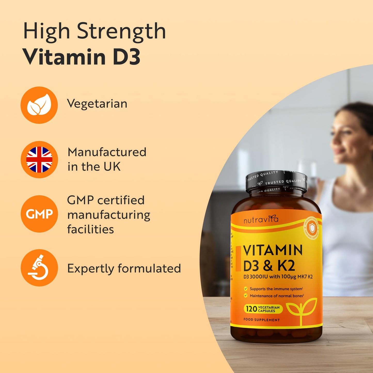 Nutravita Vitamin D3 3000iu & K2 100ug (MK7) – 120 Vitamin D3 K2 Vegetarian Capsules – Supports Normal Bones, Muscles, Teeth and Immune System – Cholecalciferol & Menaquinone-7