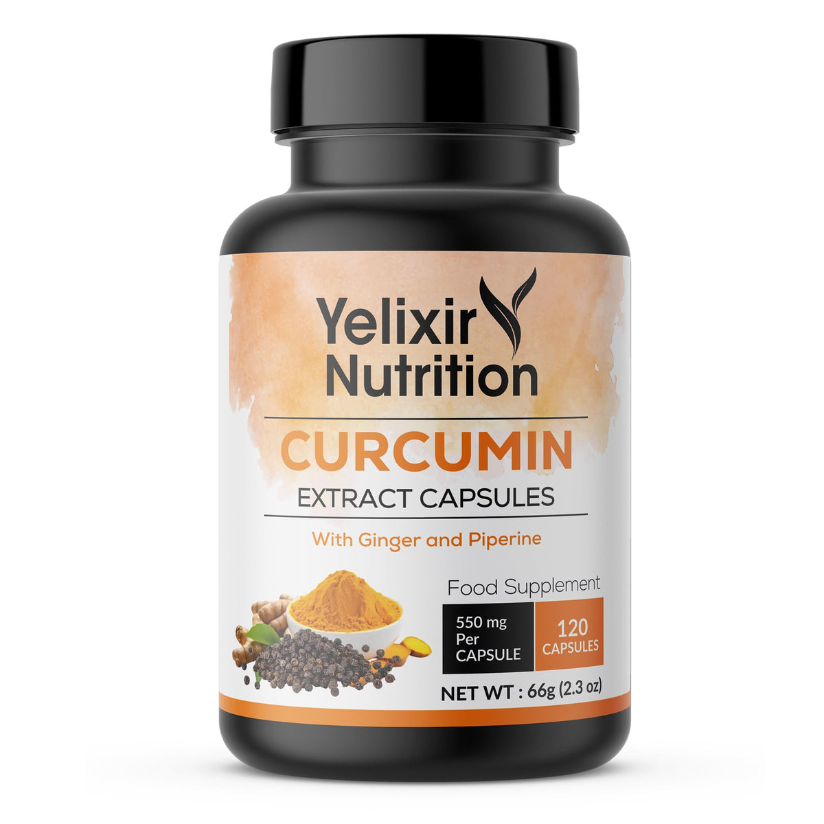 Yelixir Nutrition Curcumin Capsules 120 nos, Curcumin 95% Extract with High Strength Ginger and Black Pepper Extract, 550 mg per Vegetarian Capsule
