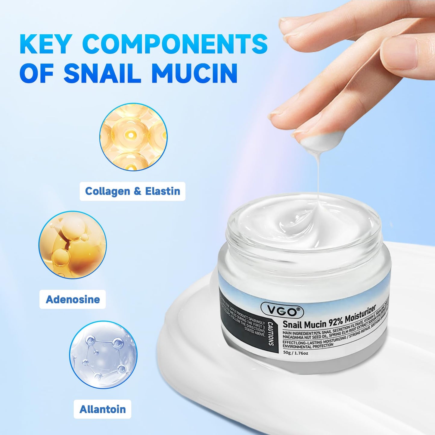 VGO Snail Mucin 92% Moisturizer Face Women Cream for Dry & Sensitive Skin, All Skin Types 50g
