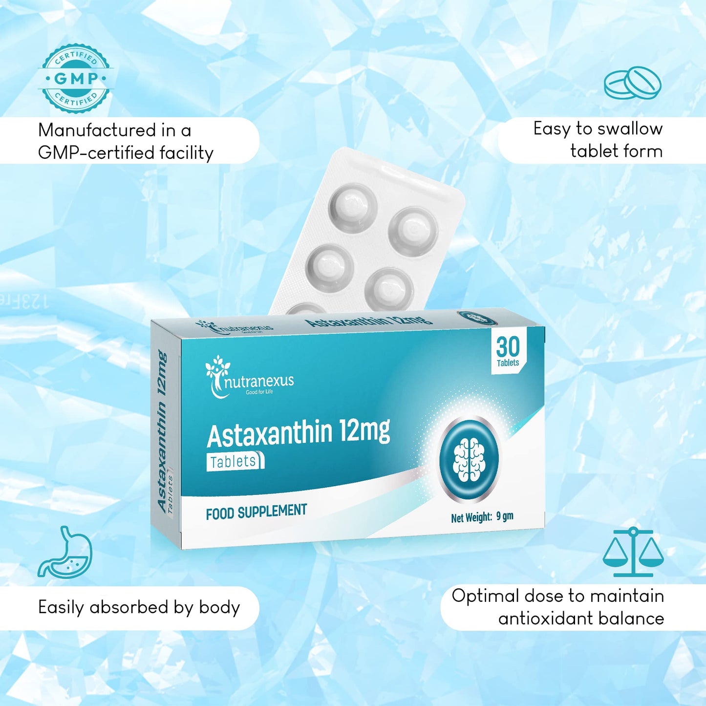 Nutranexus - Astaxanthin Supplement 12mg for Eye, Skin & Joints Health - Antioxidant Formula for Men & Women - Helps Support Exercise Recovery - Non-GMO & Gluten Free 30 Tablets