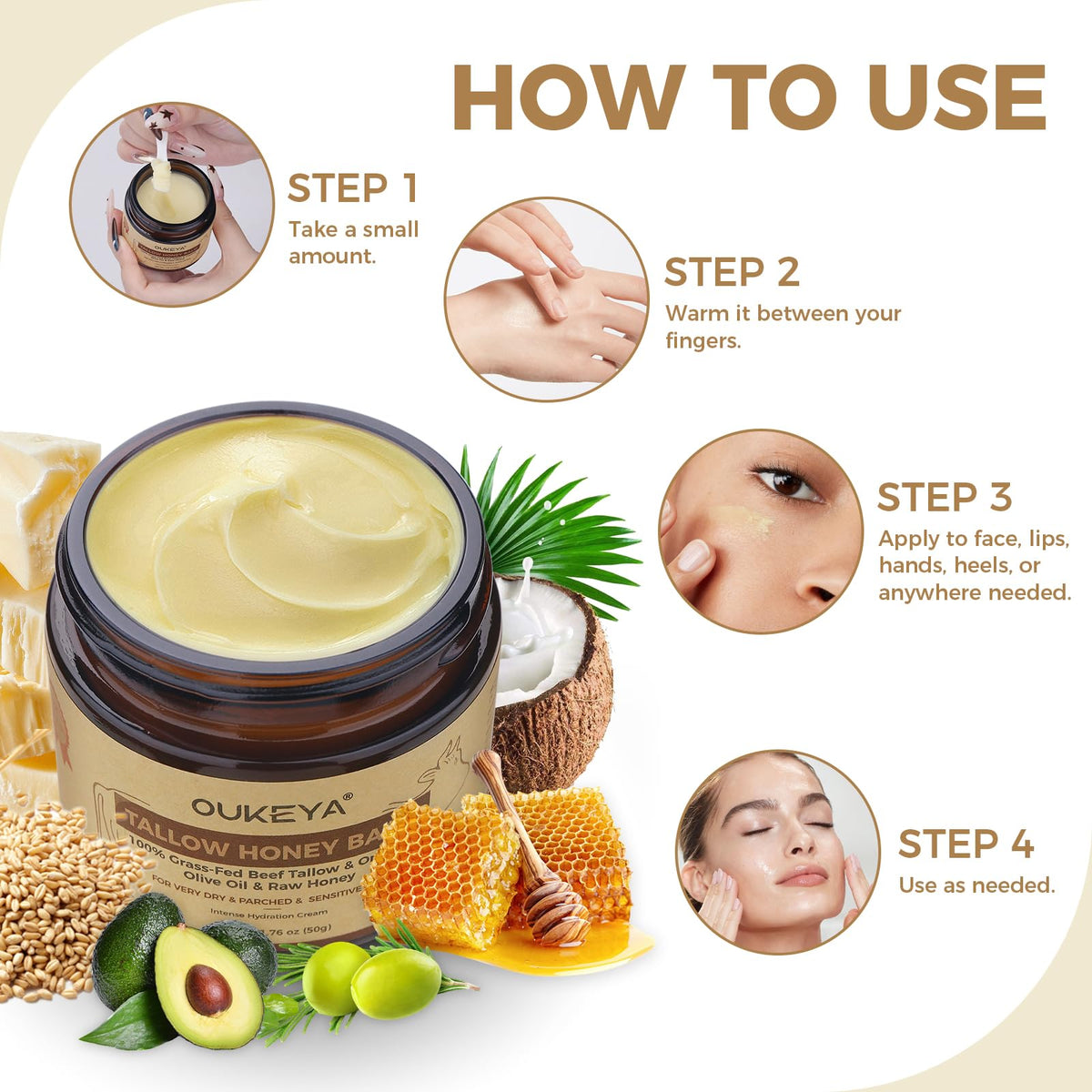 OUKEYA Beef Tallow Skin Care, Beef Tallow Face Cream, Tallow and Honey Balm, Deeply Nourishing for Face & Body (Enhanced Moisturising Version, 50g)