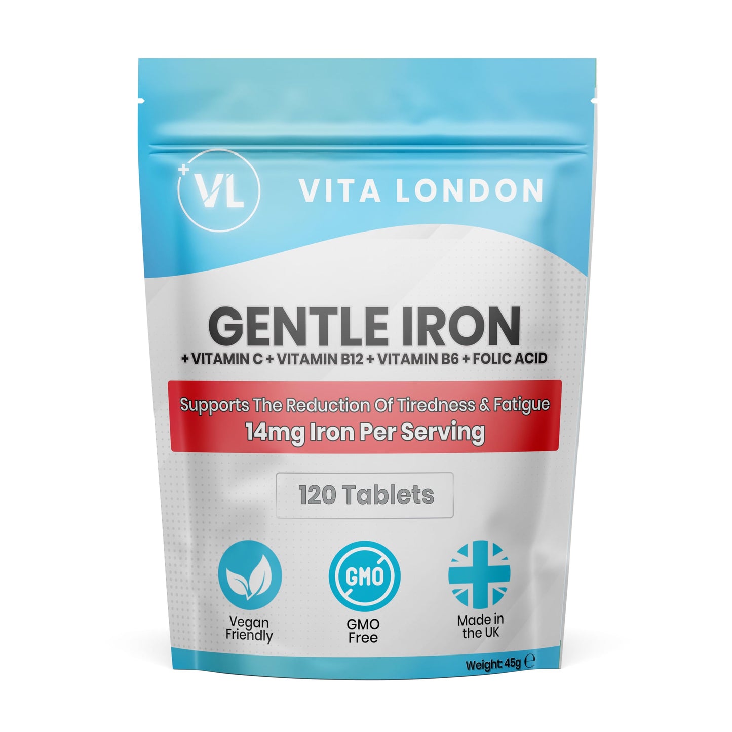 VL Vita London Iron Tablets | Gentle Iron Supplements for Women & Men | 360 Gentle Iron 14mg Tablets High Strength | Added Vitamin C, B12, B6 + Folic Acid | UK Made, Vegan