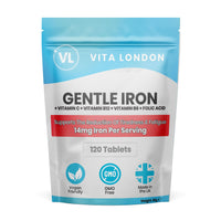 VL Vita London Iron Tablets | Gentle Iron Supplements for Women & Men | 360 Gentle Iron 14mg Tablets High Strength | Added Vitamin C, B12, B6 + Folic Acid | UK Made, Vegan