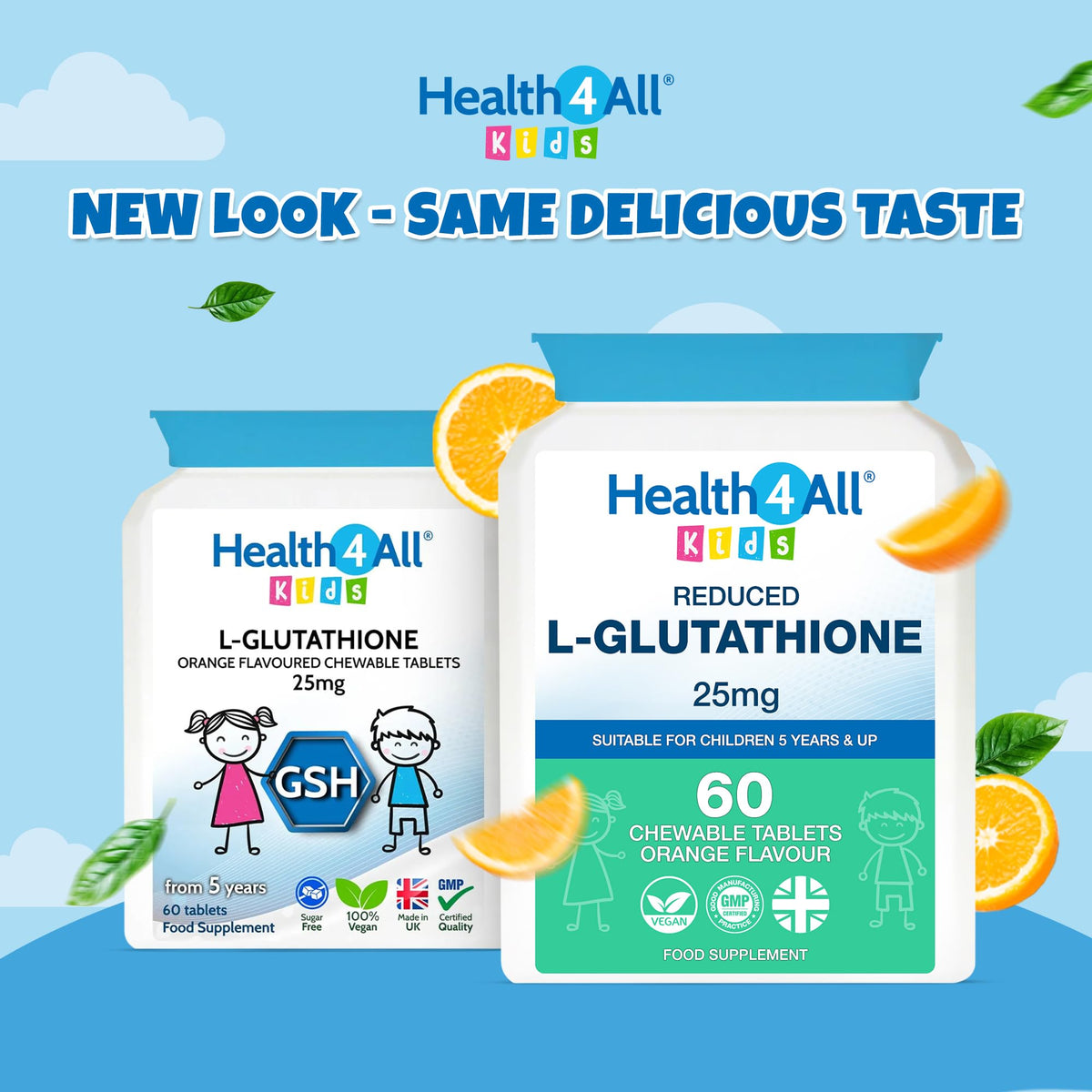 Health4All Kids L-Glutathione 25mg 60 Chewable Tablets, Reduced Glutathione (GSH) Antioxidant and Detox Support Supplement for Children 5+, Natural Vegan Orange Flavour, Sugar-Free | Made in UK