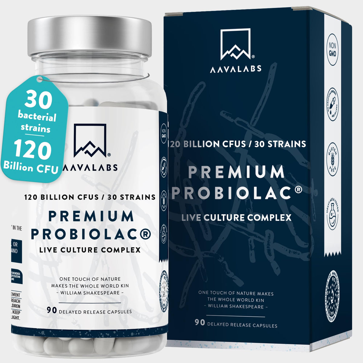 AAVALABS Bio Cultures Complex [ 120 Billion CFU ] 30x Bacterial Strains incl. Lactobacillus Acidophilus & Bifidobacterium per Serving - 90 Capsules - 3rd Party Tested