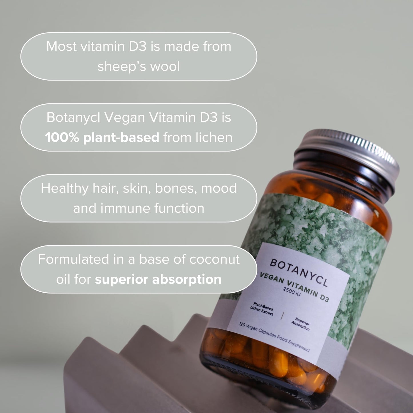 BOTANYCL Botanycl Vegan Vitamin D3 - As Seen on Dragons’ Den - 2500 IU - 120 Capsules - 4 Month Supply - 100% Plant-Based from Lichen - Supports Hair, Mood, Immune Health & Bone Strength