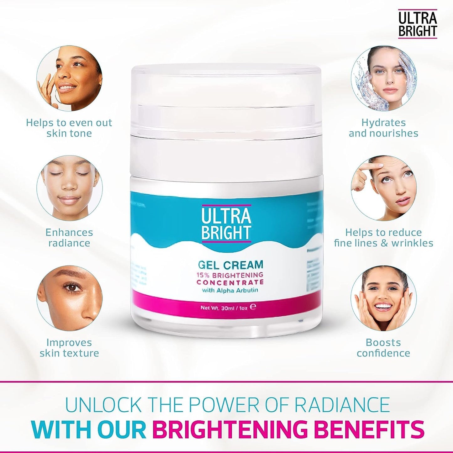 ULTRA BRIGHT Skin Brightening Gel Cream - 1 fl oz / 30 ml - Hydrating & Moisturizing Cream to Even Out Skin Tone - Boost Skin Radiance and Improves skin texture with Alpha Arbutin & Glycerin