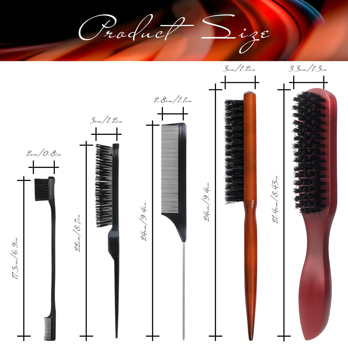 couduan 5 Pcs Slick Back Brush Set - Smoothing & Teasing Brush for Men's Hair & Beard - Rat Tail Comb with Double Sided Edge