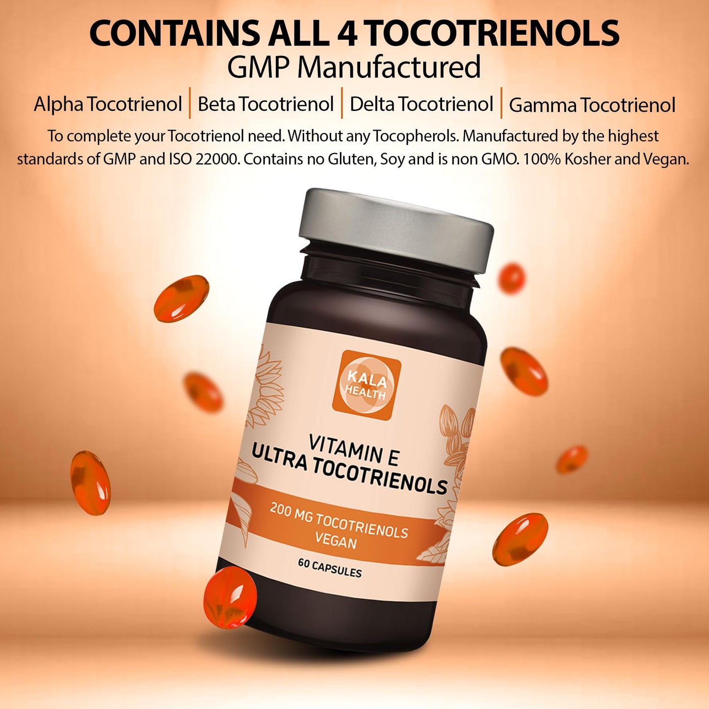 Kala Health Ultra Tocotrienol 200mg Vitamin E Vegan – All 4 tocotrienols - Alpha Tocotrienol + Beta Tocotrienol + Gamma Tocotrienol + Delta Tocotrienol – No Tocopherols - Unique Tocotrienol Complex