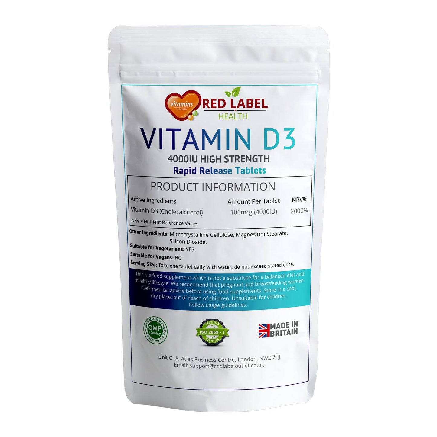 Red Label Health Vitamin D3 4000 IU 200 Tablets, Maximum Strength Vitamin D3 Supplement, Easy to Swallow Vitamin D3 Tablets - Made in The UK