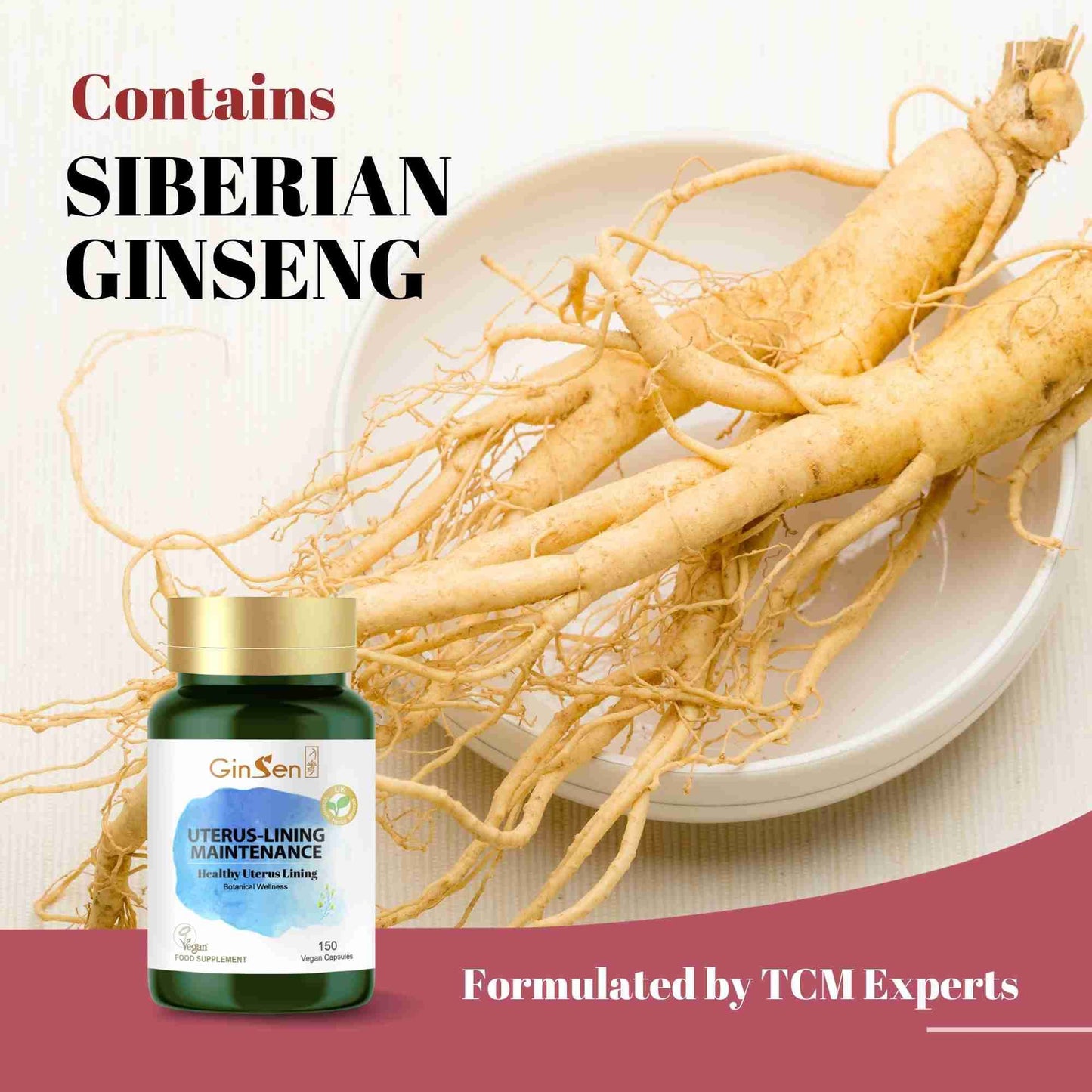 GinSen Uterus-Lining Maintenance,Support Optimal Uterus Thickness, Reproductive Function, 150 Capsules, Vegan Approved Supplement, Herbal Extract & Vitamins Made in UK