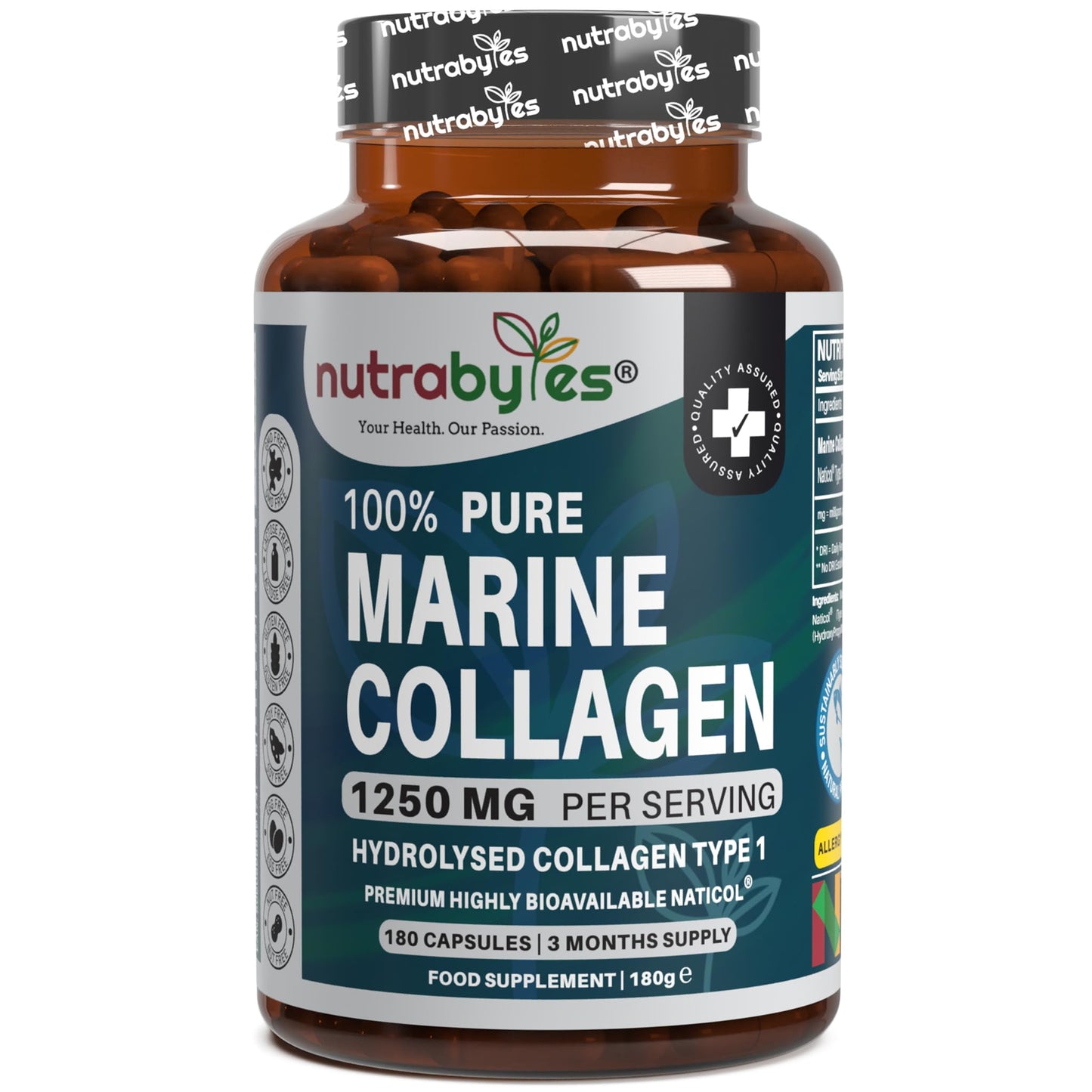 NUTRABYTES Nutrabytes 100% Pure Marine Collagen Supplement, 1,250mg (180 Capsules) | Type 1 Hydrolysed Collagen Peptides for Skin, Hair, Nails & Joints | Supplement for Men and Women | 3 Month Supply