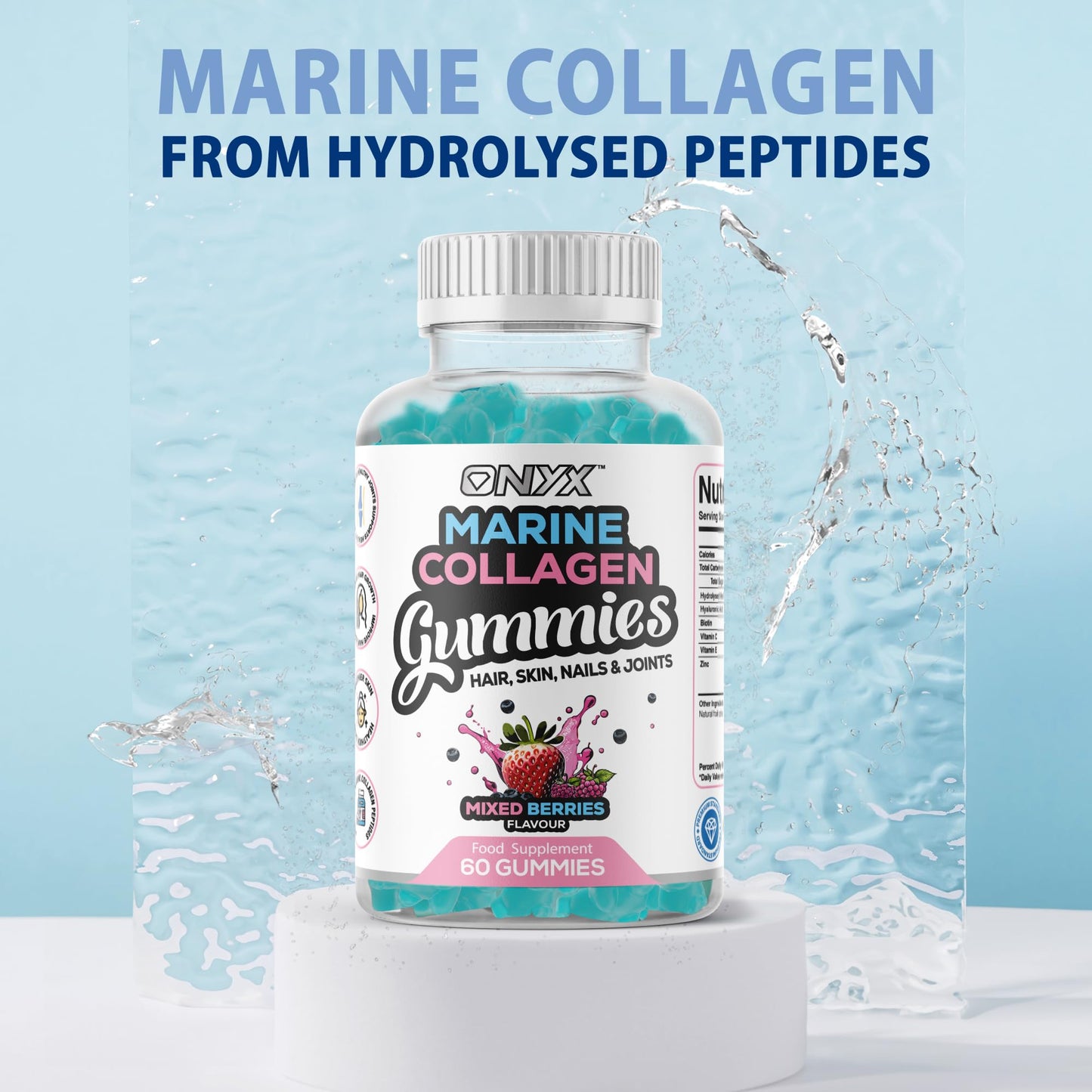 ONYX INGREDIENTS 101 Onyx Marine Collagen 2200mg with Hyaluronic Acid & Biotin - High Strength Collagen Supplements for Women & Men - 60 Vegan Gummies
