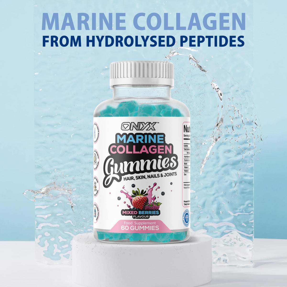 ONYX INGREDIENTS 101 Onyx Marine Collagen 2200mg with Hyaluronic Acid & Biotin - High Strength Collagen Supplements for Women & Men - 60 Vegan Gummies