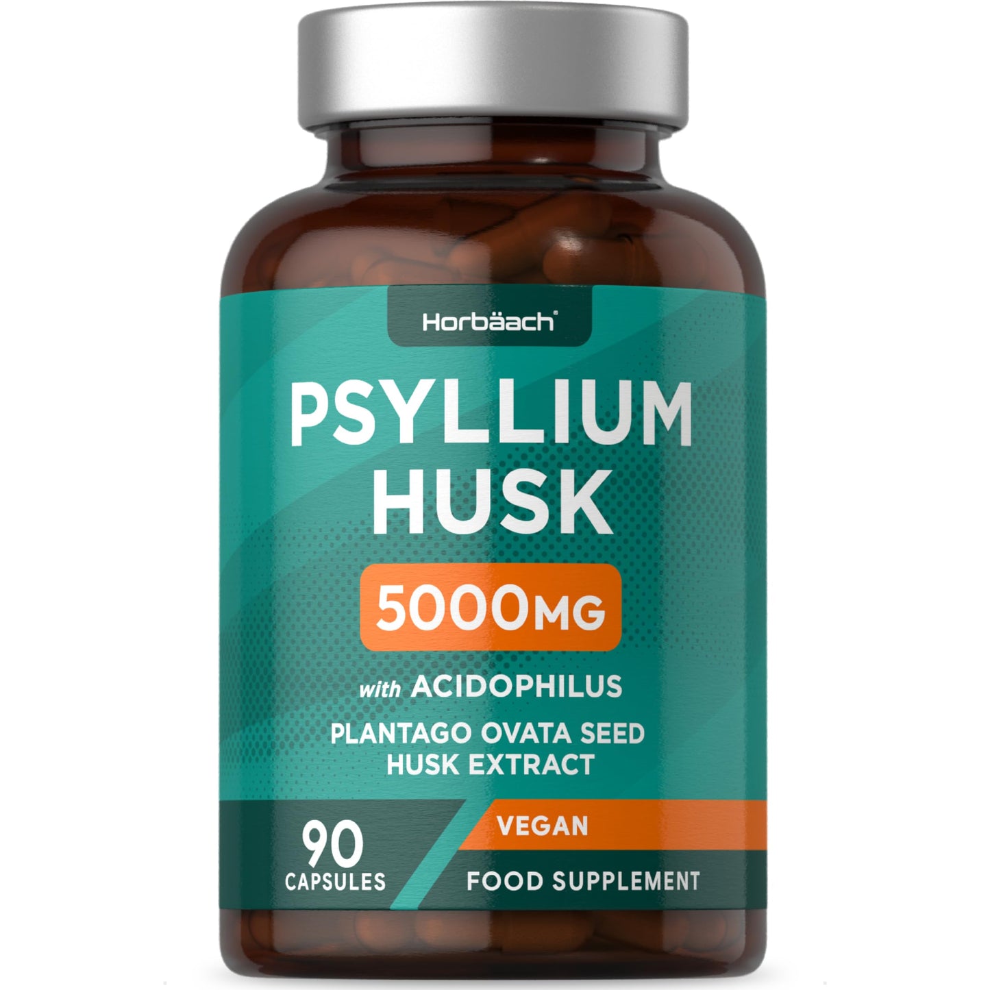 Psyllium Husks Capsules with Probiotic 5000mg | Fibre Supplement with Acidophilus Probiotic 2 Million CFU | Plantago Ovata Natural Extract | 90 Vegan Capsules | by Horbaach