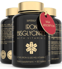 SuperSelf Gentle Iron Tablets 17mg - High Strength Iron Supplements for Women & Men with Vitamin C - Ferrous Iron Bisglycinate for High Absorption - 60 Vegan Tablets - Energy Tablets for Tiredness and Fatigue