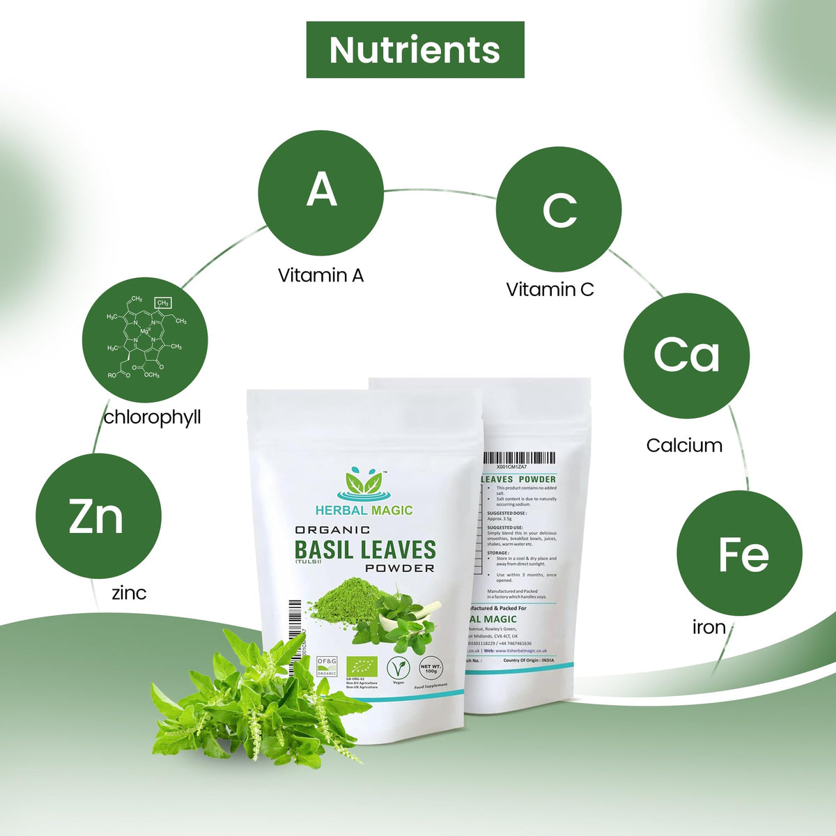 Herbal Magic's Organic Holy Basil Leaf Powder (Tulsi Powder) - Vibrant Smoothies,Juices,Shakes,Baked Recipes, Soups - Free from Fillers & Preservatives-of&G UK Organic Certified-100g