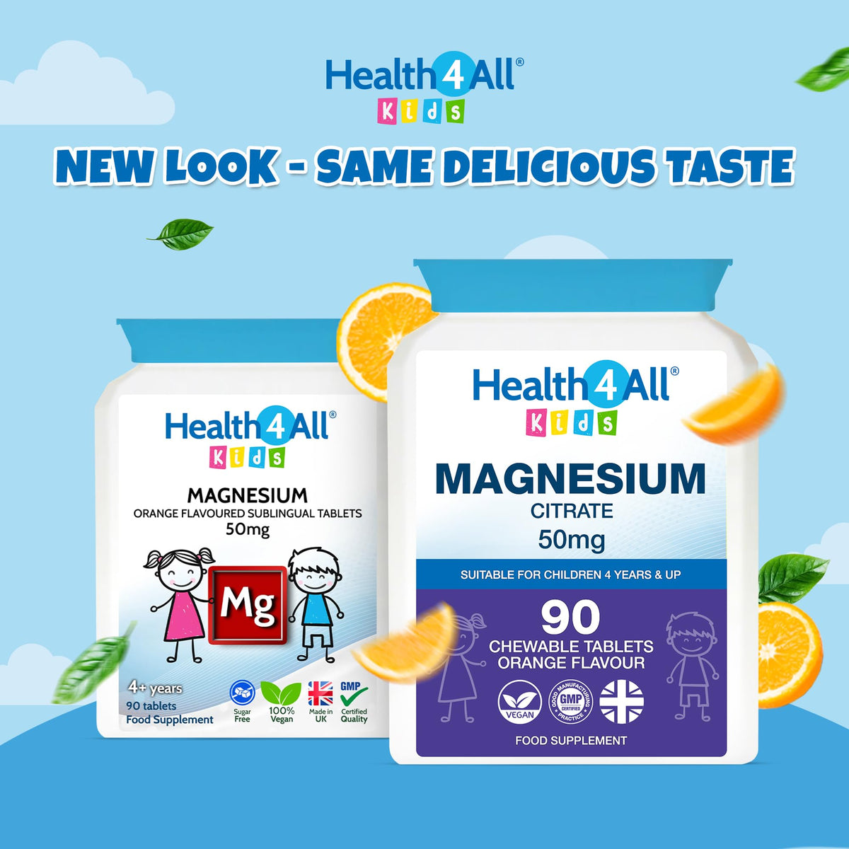 Health4All Kids Magnesium 90 Chewable Tablets for Anxiety, Sleep, Ticks. Tasty Orange Chewable Magnesium Supplement for Children 4+, Vegan, Sugar-Free | Made in UK | Alternative to Glycinate Gummies