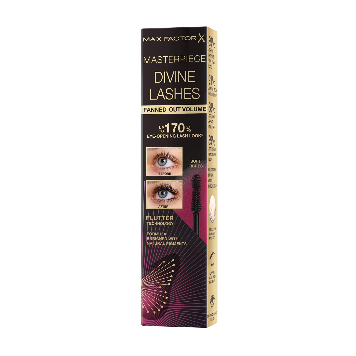 Max Factor Divine Lashes Mascara Rich Black 001, Ultimate Volume, Flutter Technology, 420-Fibre Silhouette Brush, Smooth & Clump Free, All Day Wear