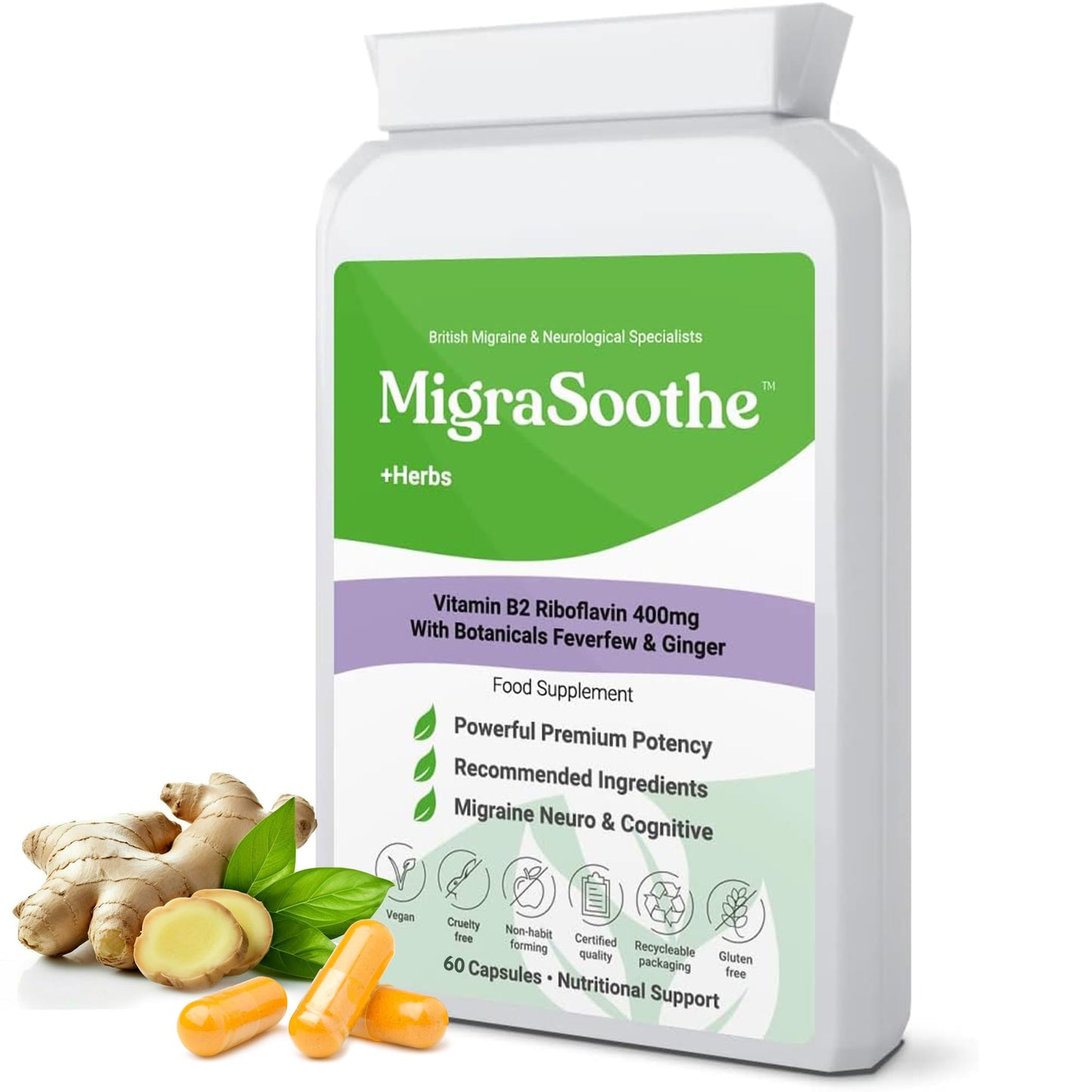 Bespoke Biotics Migraine Relief Feverfew + Ginger + Vitamin B2 Riboflavin 400mg per Capsule - Migrasoothe + Herbs NHS Recommended Ingredients UK Made Stress, Headaches Tremors & Energy Vegan. Vitamin B2 400 [60]
