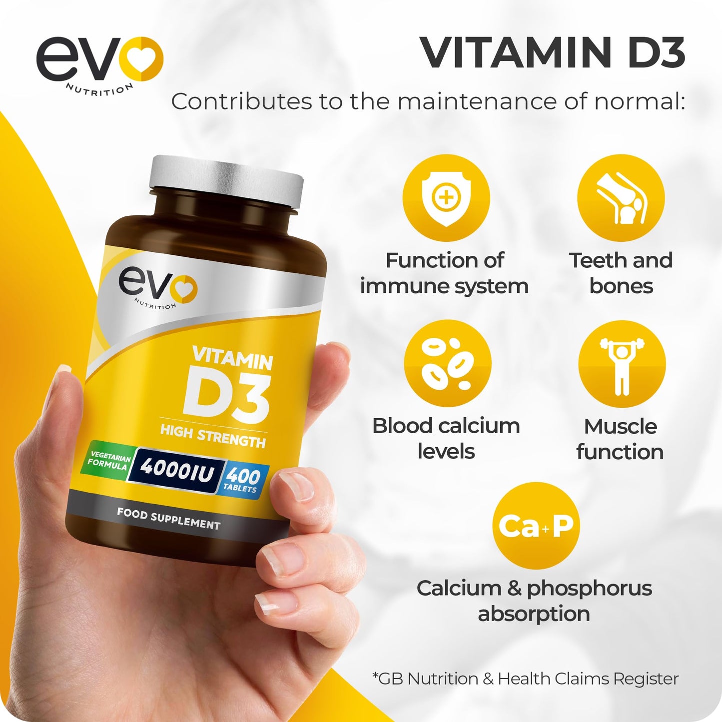 EVO NUTRITION Vitamin D 4000IU High Strength Supplement | 400 Vitamin D3 Tablets - 13 Months' Supply | VIT D3 | One-a-Day | High Absorption Cholecalciferol | Made in UK