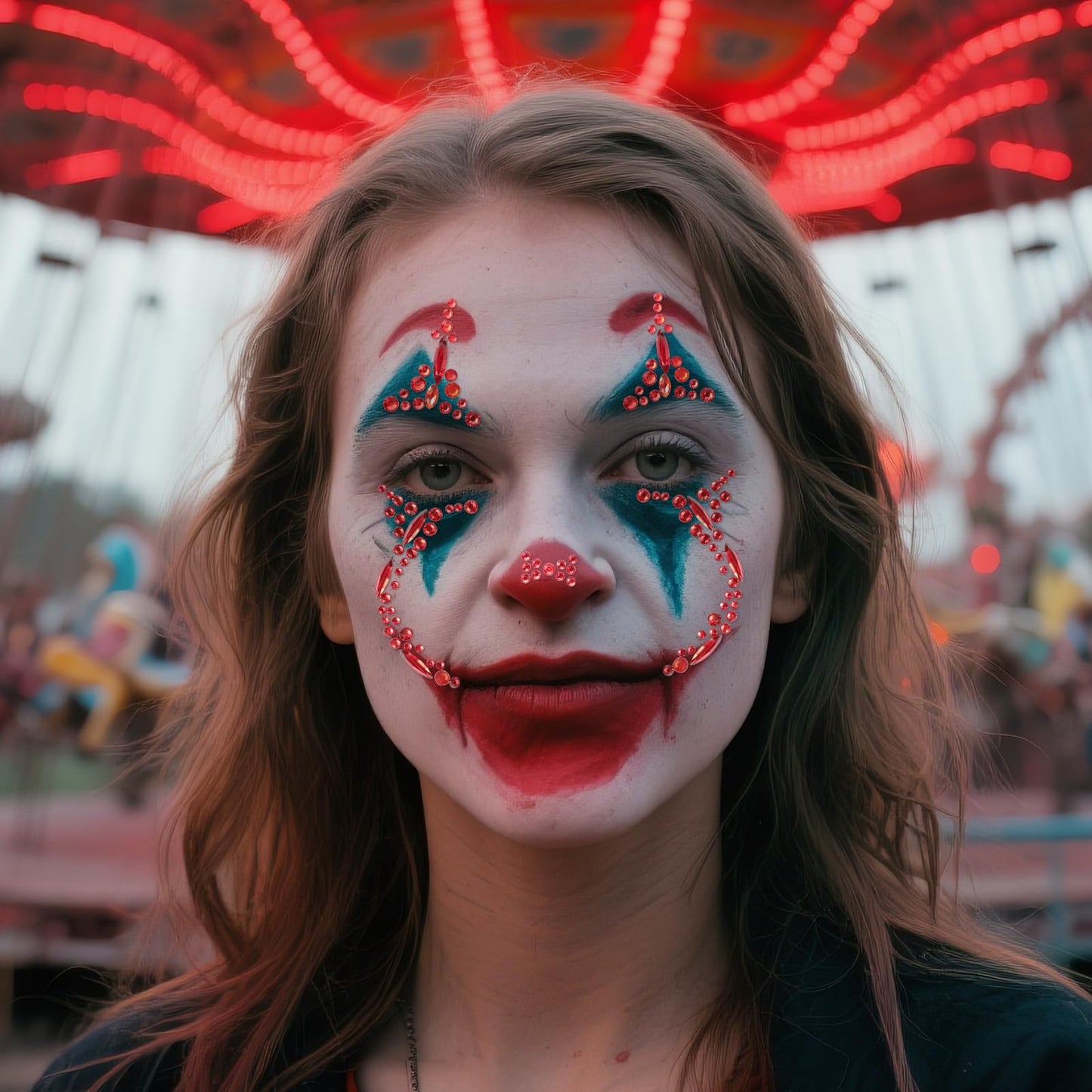 HOWAF 2 PCS Halloween Face Stickers Jewels, Clown Face Tattoos Rhinestone Temporary Tattoos for Clown Costume Halloween Costumes Men Women Kids, A