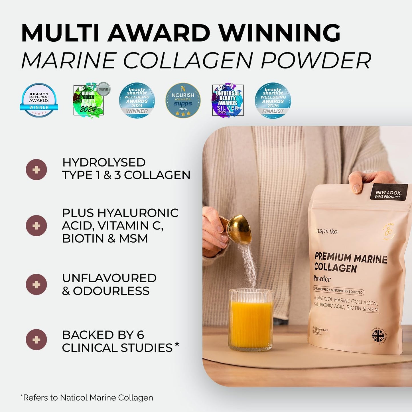 Inspiriko Marine Collagen Powder for Women - Marine Collagen with Hyaluronic Acid, Vitamin C, Biotin and MSM. Hydrolyzed Collagen Peptides Backed by 6 Clinical Studies, 30 Servings