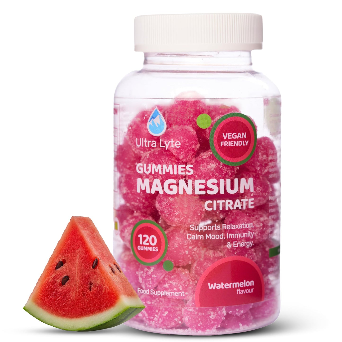 Ultra Lyte Magnesium Citrate Gummies – 336 mg Elemental Magnesium per Serving – 120 Gummies (30 Days) – Gelatin Free Vegan High-Strength Supplement – Watermelon Flavour