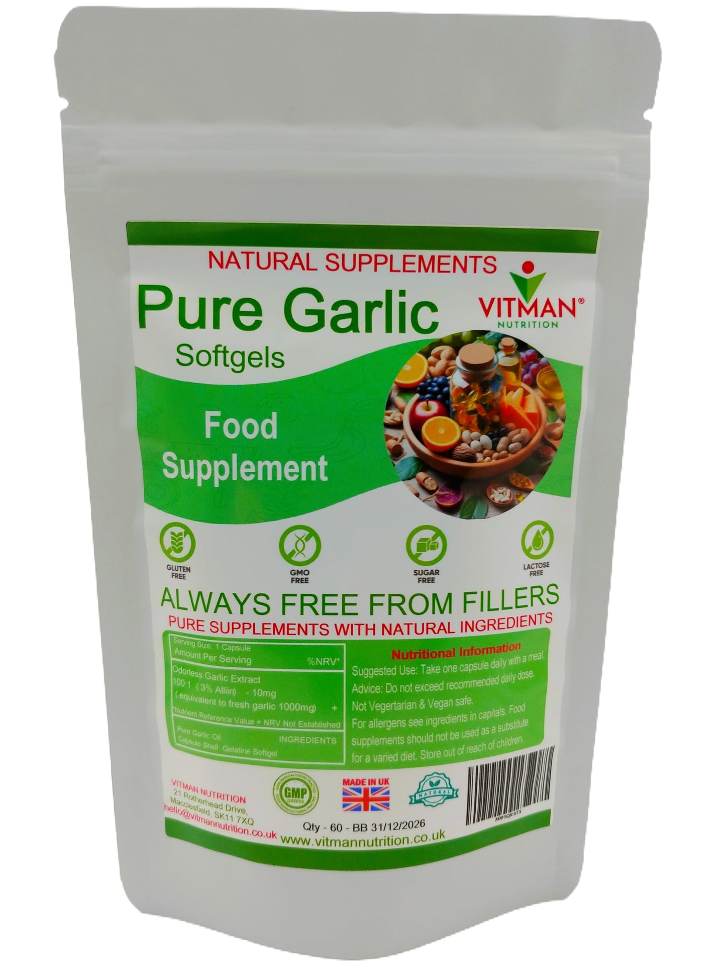VitMan Nutrition Pure Garlic Softgels, High Strength 1000mg, Odourless, 60 Capsules, Gluten Free