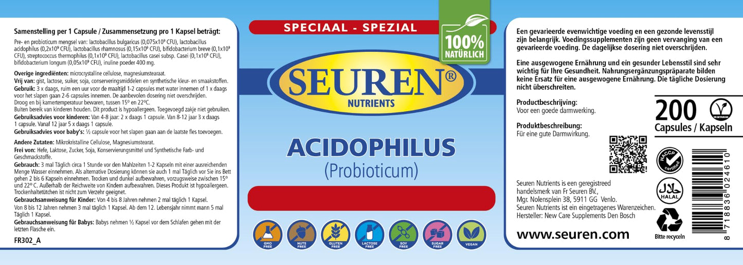 Seuren Nutrients | Acidophilus intestinal Conditioner 200 Capsules Probioticum Gluten Free | Lactose Free | Sugar Free 100% Natural